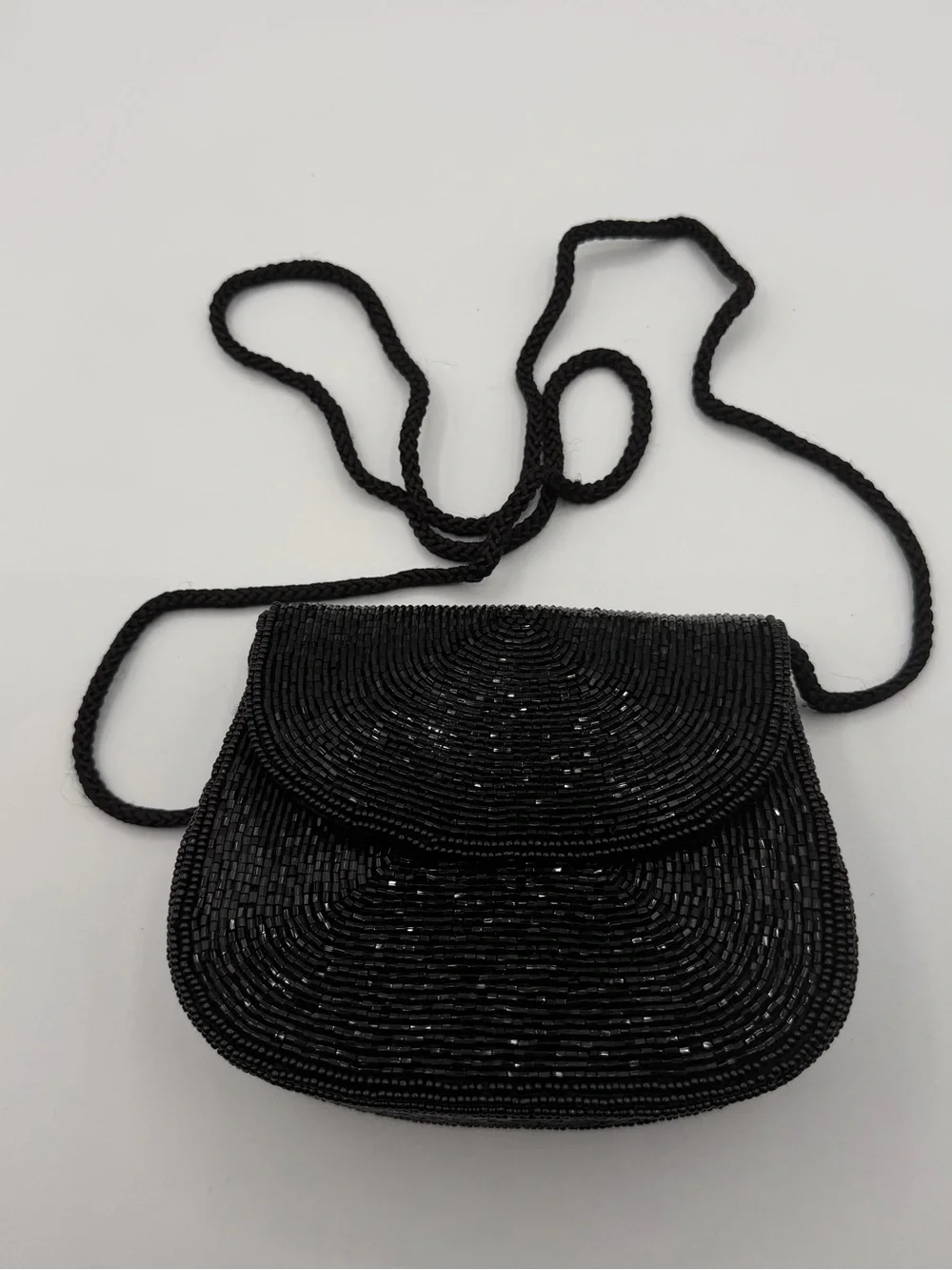 Black Beaded Crossbody Bag with Braided Strap